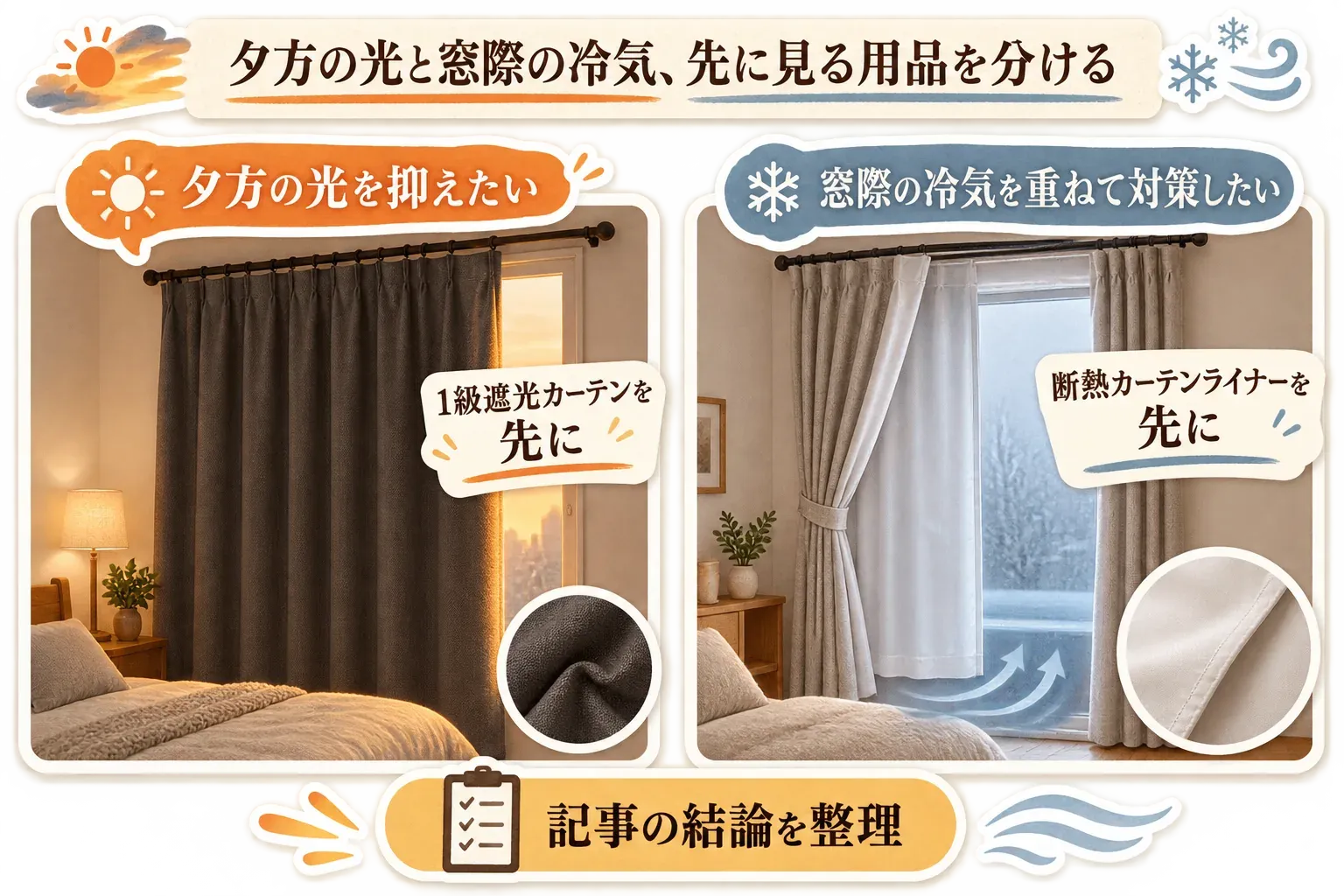 夕方の光を抑えたい寝室には1級遮光カーテン、既存カーテンを残して窓際の冷気をやわらげたい場合には断熱カーテンライナーを選ぶ役割の違いを示す図。出典：記事掲載の商品説明値