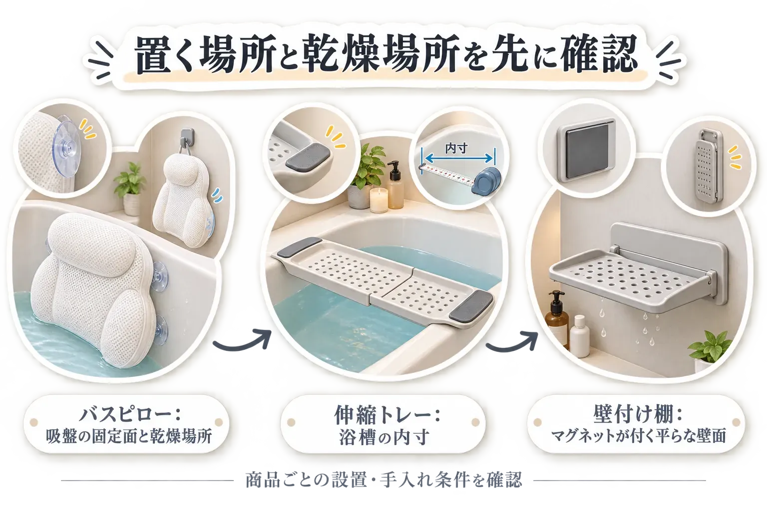 バスピローは吸盤の固定面と乾燥場所、伸縮トレーは浴槽の内寸、壁付け棚はマグネットが付く平らな壁面を確認する、設置と手入れの条件を示す図。出典：記事掲載の商品説明値