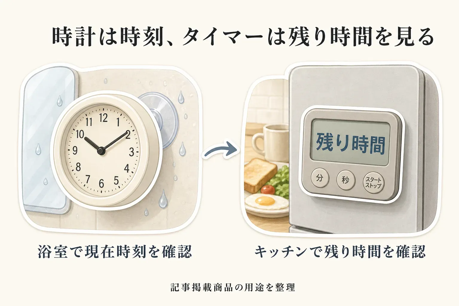 浴室では防水バスルーム時計で現在時刻を確認し、洗面所やキッチンではマグネット式タイマーで残り時間を確認する、時計とタイマーの役割の違いを示す図。出典：記事掲載の商品説明値