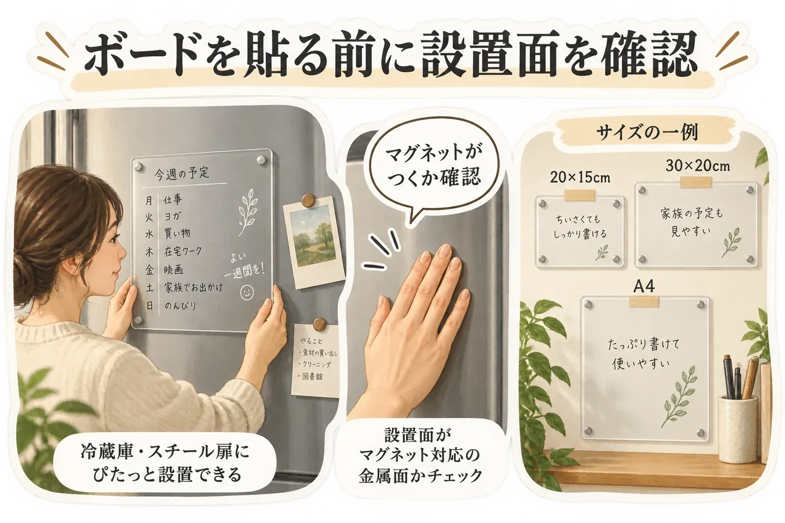 冷蔵庫やスチール製ドアに週間予定表を貼り、マグネットで固定できる設置面を確認し、20×15cm・30×20cm・A4から設置面に合うサイズを選ぶ手順を示した図