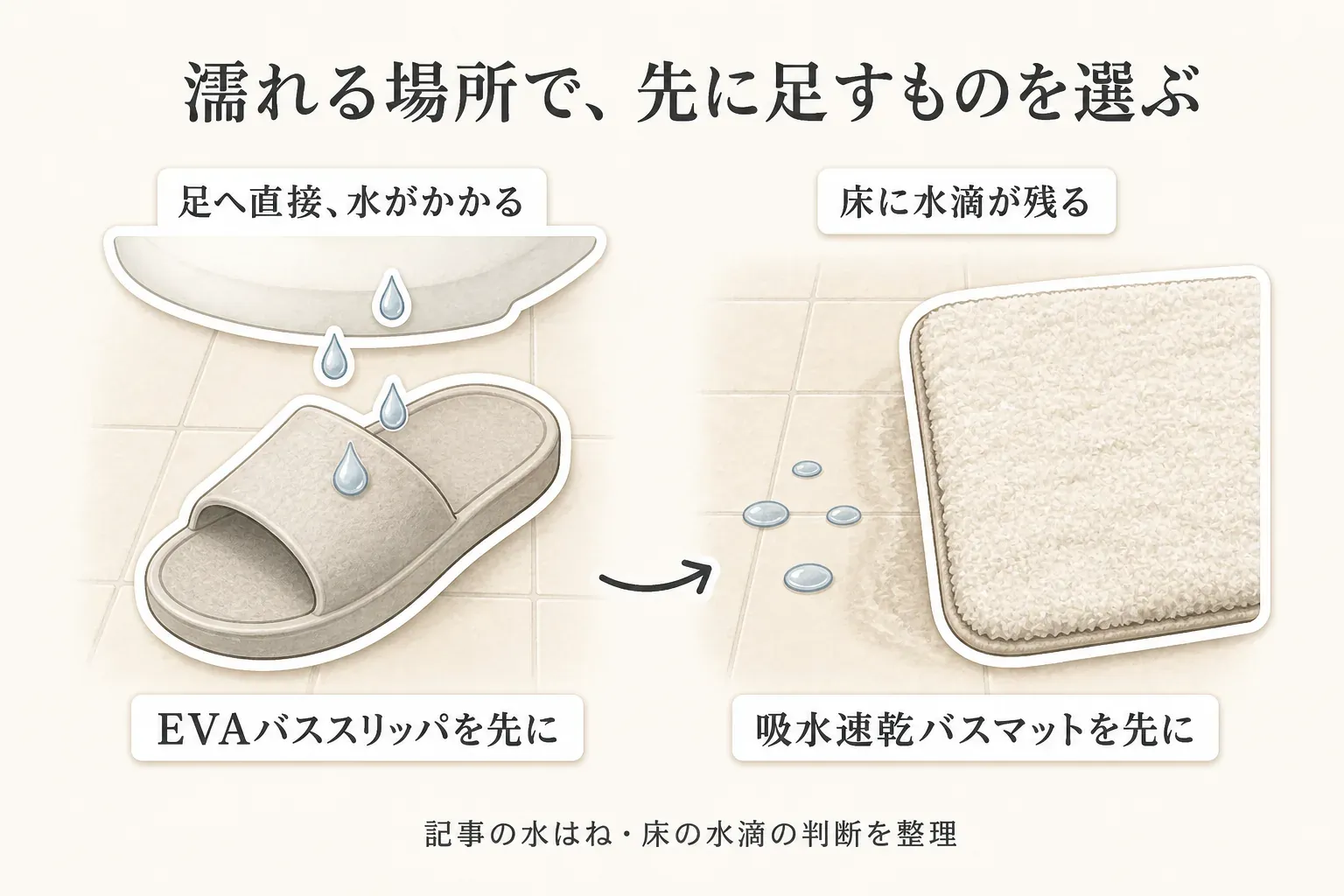 洗面台などで足へ直接水がかかる場合はEVAバススリッパを先に選び、浴室から出た床に水滴が残る場合は吸水速乾バスマットを先に選ぶ、濡れる場所による判断を示す図。出典：記事本文の水はね・床の水滴の判断