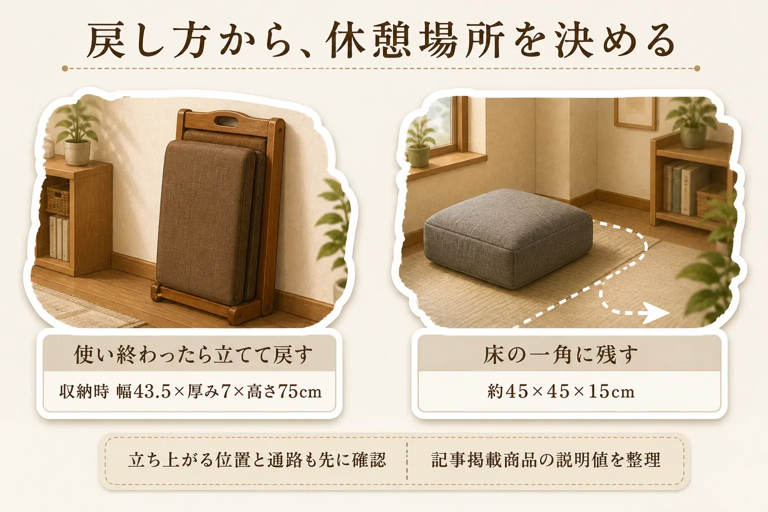 使い終わった折りたたみ座椅子を立てて戻す場合は収納時の幅43.5×厚み7×高さ75cmを、厚手フロアクッションを床の一角に残す場合は約45×45×15cmと立ち上がる位置・通路を確認する図。出典：記事掲載商品の説明値