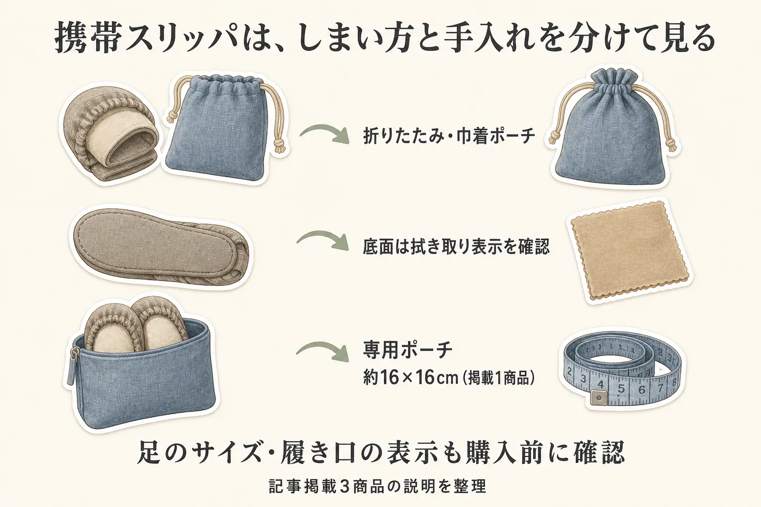 携帯スリッパを折りたたんで巾着ポーチに収納する方法、底面は拭き取り表示を確認すること、掲載1商品の専用ポーチは約16×16cmであること、購入前に足のサイズと履き口の表示も確認することを示す図。出典：記事掲載の商品説明値