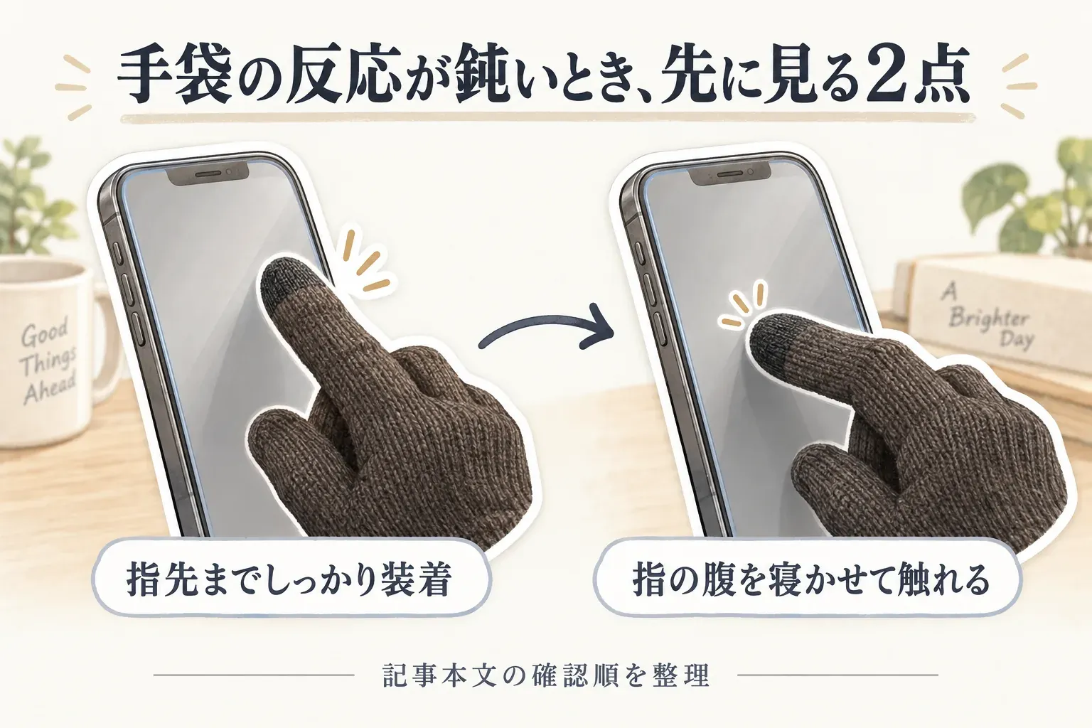 スマホ対応手袋で画面が反応しないときに、指先までしっかり装着できているか、指先の位置と画面への当て方、手袋の厚みや素材、画面保護フィルムとの相性を順に確認する図。出典：J-GLOBAL「静電容量式タッチパネル用編成手袋」と記事掲載の商品説明