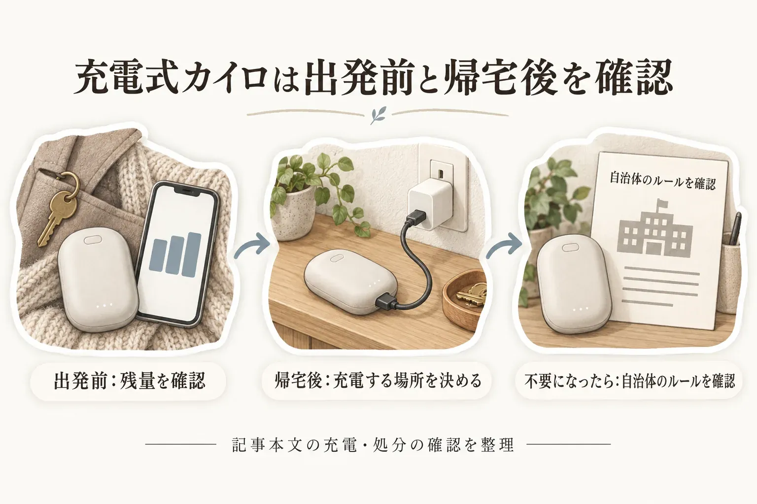 充電式カイロを外出前に残量確認して持ち出し、使用後は帰宅して充電場所に戻す、毎日の充電習慣を示す図。出典：記事掲載の商品説明値