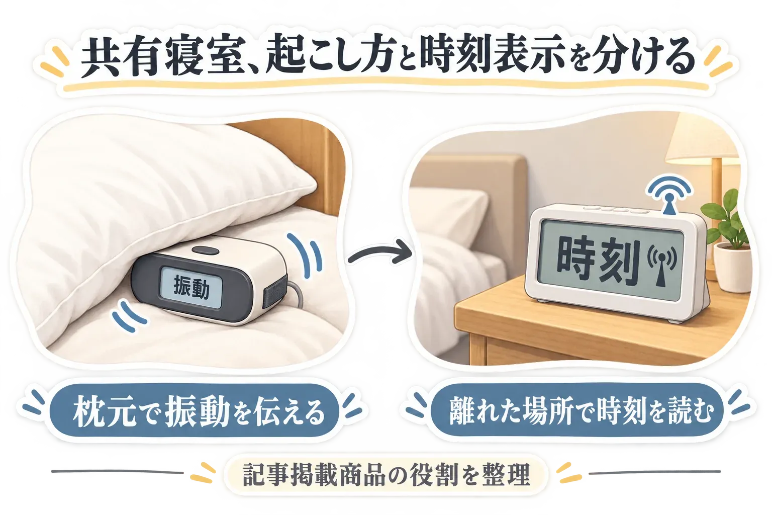 振動式目覚まし時計を枕元に置いて振動を伝える役割と、大画面電波時計をベッドから離れた見やすい場所に置いて時刻を読む役割を並べて示す図。出典：記事掲載の商品説明値