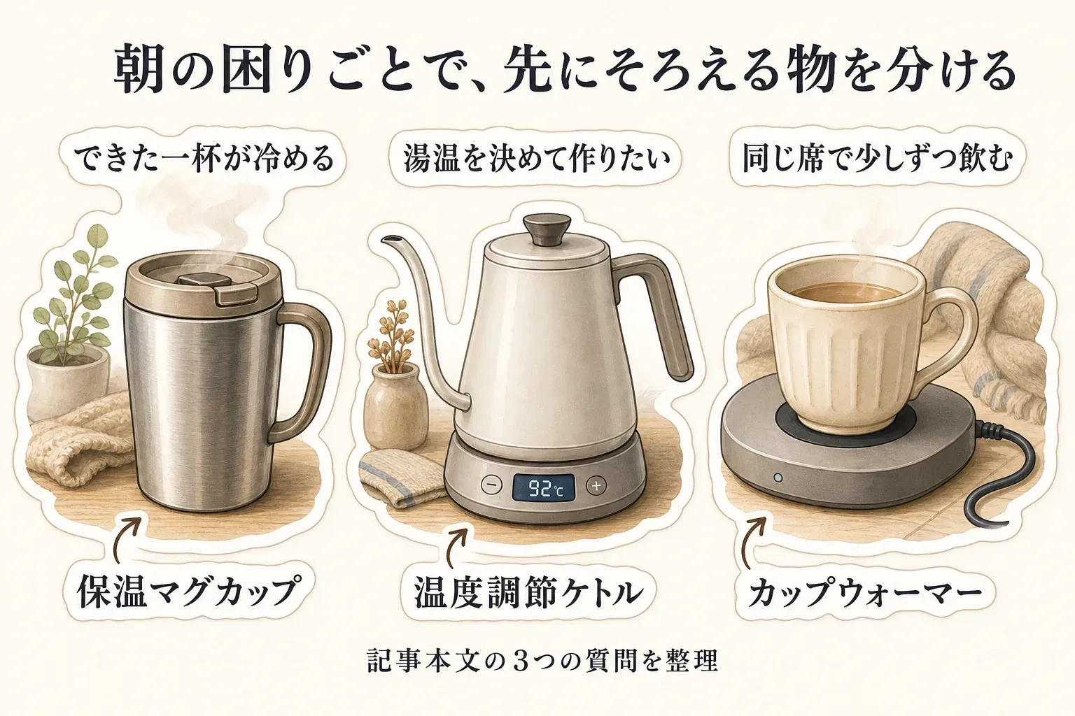 朝の困りごと別に、できた一杯が冷めるなら保温マグカップ、湯温を決めて作りたいなら温度調節ケトル、同じ席で少しずつ飲むならカップウォーマーを選ぶ考え方を示す図。出典：記事本文の3つの質問