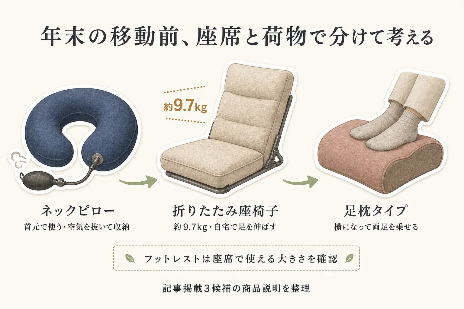 ネックピローは首元で使い空気を抜いて収納できる一方、折りたたみ座椅子は約9.7kgで自宅で足を伸ばす用途、足枕タイプは横になって両足を乗せる用途であることと、フットレストは座席で使える大きさを確認することを示す図。出典：記事掲載3候補の商品説明