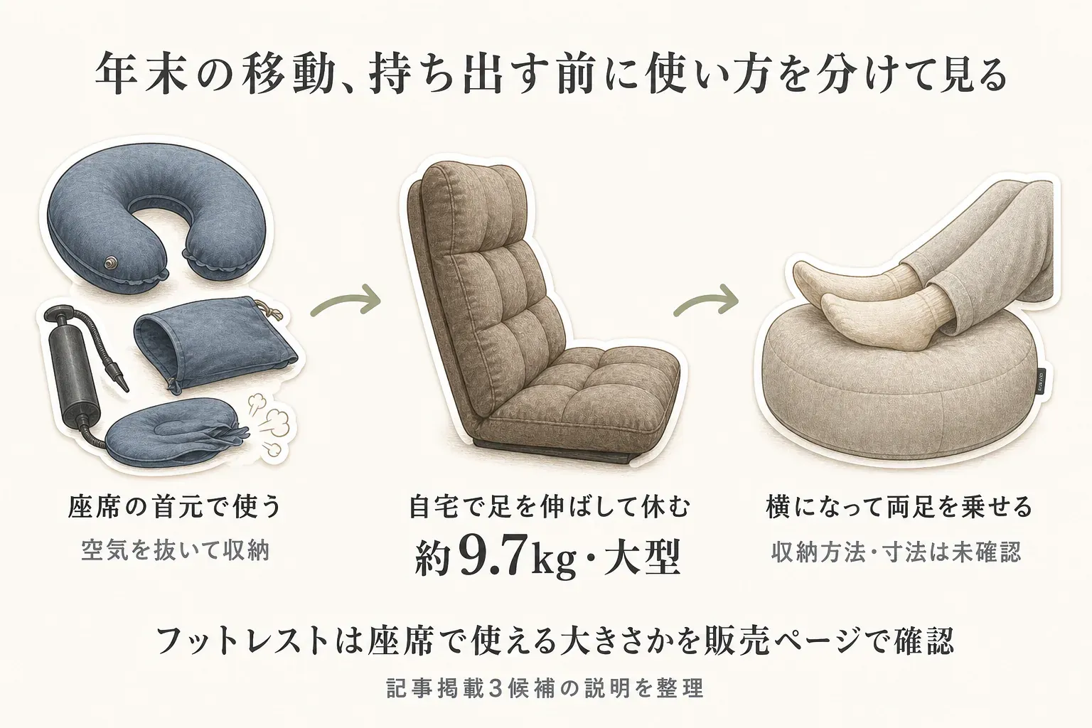 ネックピローは座席の首元で使い空気を抜いて収納すること、折りたたみ座椅子は約9.7kgの大型品で自宅で足を伸ばして休むこと、足枕タイプは横になって両足を乗せることを比較し、フットレストは座席で使える大きさを販売ページで確認するよう示す図。出典：記事掲載3候補の商品説明